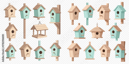 Collection of various wooden birdhouses and a bird feeder in different styles and colors.