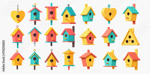A vibrant collection of diverse birdhouses in various shapes and colors, including yellow, red, and teal designs, perfect for garden decor.