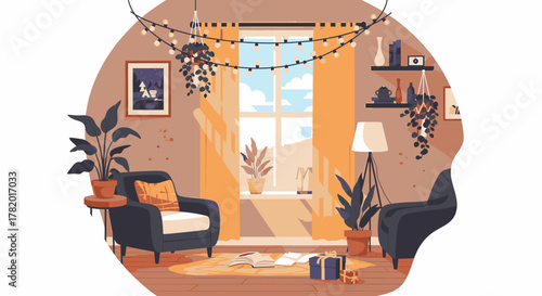 Cozy living room interior with armchairs and decorative string lights vector illustration