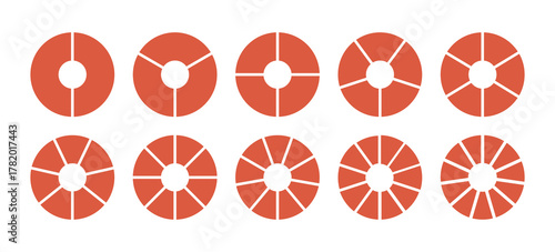 Infographic circle division on from 2 to 11 equal parts. Red segmented pinwheel. Wheel round divided diagrams with from two to eleven segments. Coaching tool blank templates. Flat progress icon.