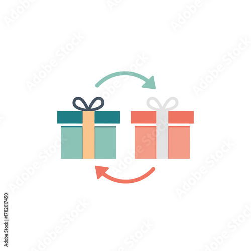 Two colorful gift boxes with exchange arrows