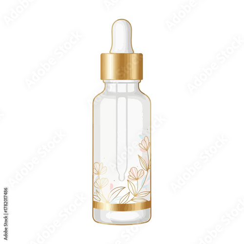 Elegant glass dropper bottle with serum or essential oil for skincare and cosmetic product