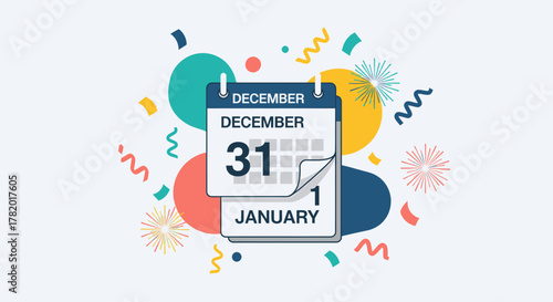 Flat design calendar icon showing the transition from December 31st to January 1st with confetti