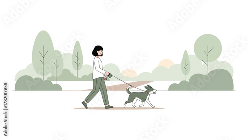 Woman walking her dog in the park simple vector illustration of a person with pet on leash enjoying outdoor activity in nature
