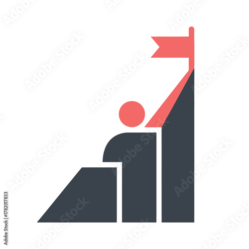 Stylized illustration of a person climbing stairs towards a flag on a mountain peak, symbolizing achievement and success
