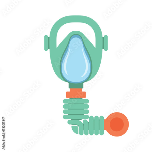 Green anesthesia mask with orange corrugated tube and connector