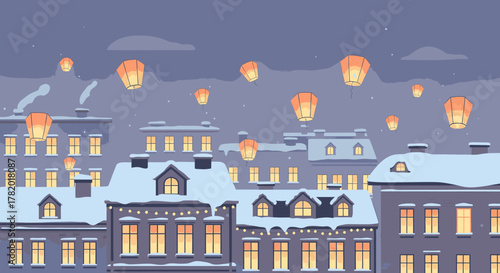 Festive sky lanterns floating over a snowy European city at night