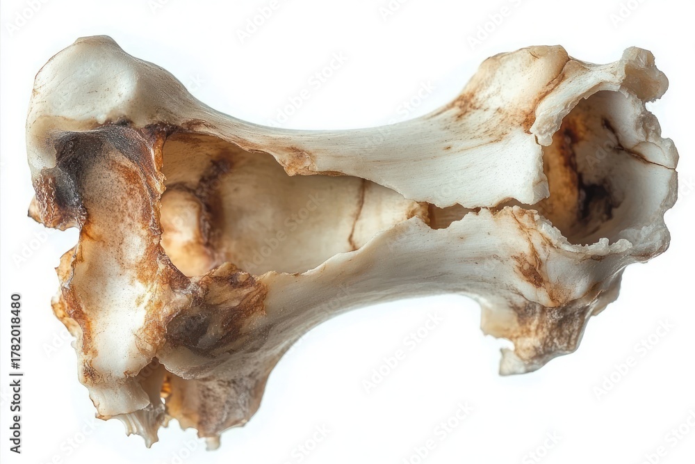 Fototapeta premium Close-up of an aged, irregularly shaped bone with a weathered and porous surface showing natural discoloration and erosion against a white background