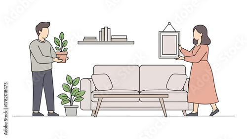 Couple decorating living room with plants and picture frame simple line art vector illustration for interior design and home improvement projects