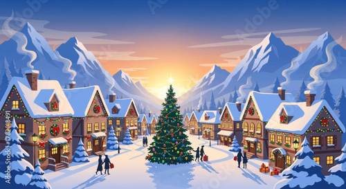 Festive winter village scene with snow-covered houses and a Christmas tree.