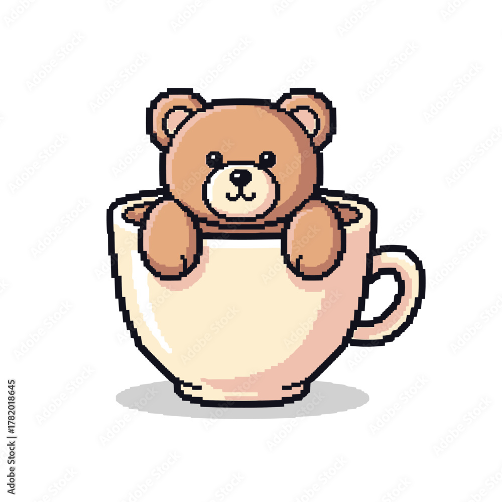 Fototapeta premium Cute Teddy Bear Coffee Cup Pixel Vector