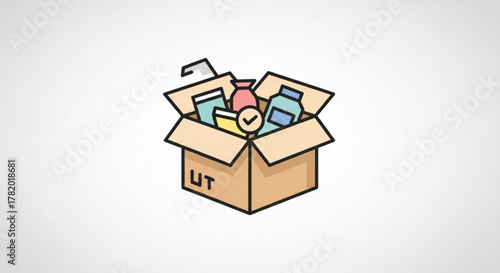 Open box full of goods vector illustration flat design style parcel, package, delivery, shipping