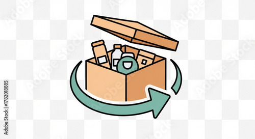 Box with products inside and a recycling arrow around it, the design is clean and minimalist