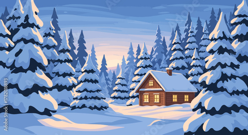 A serene winter landscape featuring a cozy cabin nestled among snow-covered evergreen trees.