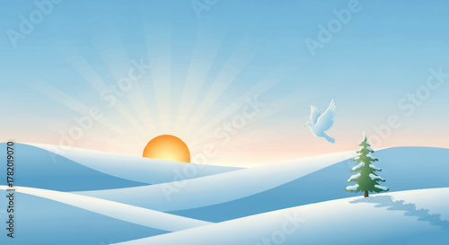 Winter landscape with snow-covered hills, rising sun, fir tree and dove.