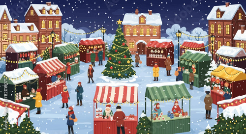 Pixel art illustration of a festive Christmas market in a snowy town square with people shopping at stalls.