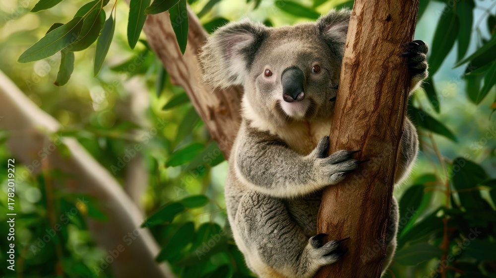 Fototapeta premium Cute Koala Bear Clinging to Tree Branch in Green Foliage Natural Habitat