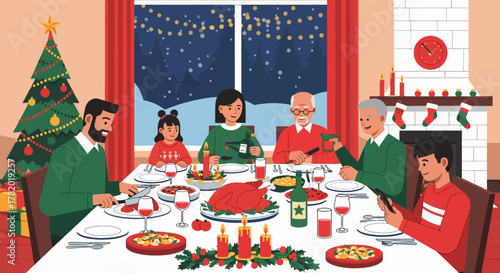 A multi-generational family celebrates Christmas dinner together, enjoying a festive meal with a roasted turkey and holiday decorations.