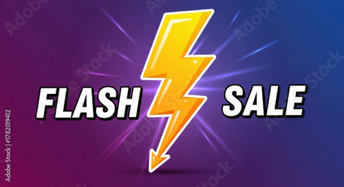 Flash sale promotion with lightning bolt on purple and blue background for limited time offer and discount event, vector illustration