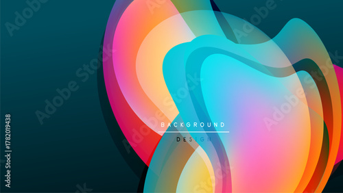 Abstract colorful layers create flowing shapes. Vibrant hues blend against dark background. Modern design element.