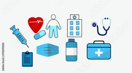 Essential digital icon set for healthcare and medical services featuring syringe heart stethoscope hospital building first aid kit patient figure and clipboard for modern informative design projects