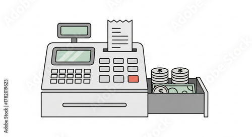 Cash register retail equipment with money and receipt financial device for payment business and commerce