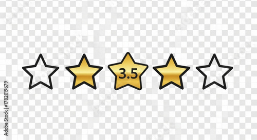 Illustration of a 35 star rating, indicating a customer review score of three and a half stars on a transparent background