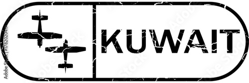 Grunge black kuwait word with plane icon square rubber seal stamp on white background