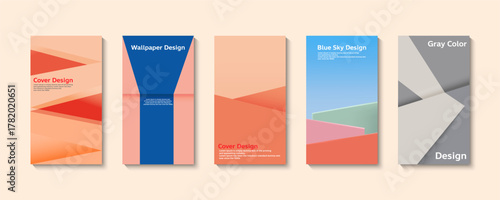 Collection of 5 minimalist cover designs. Abstract geometric style with clean shapes and soft colors. For posters, annual reports, or vertical layouts.
