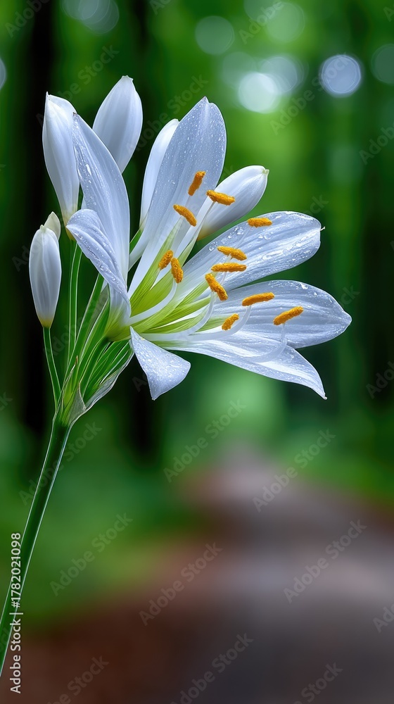Obraz premium Delicate White Lily Blooming in a Lush Green Forest with Water Droplets on Petals and Soft Bokeh Background