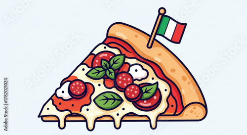 A vibrant vector illustration showcases a slice of italian pizza adorned with the italian flag