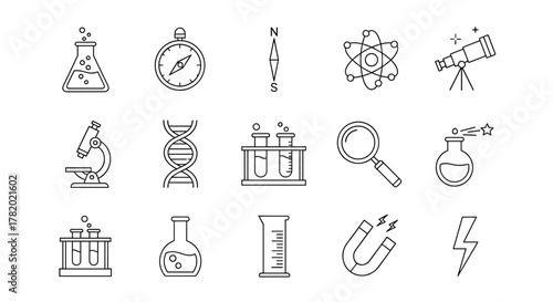 Set of Science-Related Line Icons with Editable Stroke for Design, Websites, Apps, and Cards, featuring Linear Images of Laboratory Bulb, Compass, Atom, Telescope, Microscope, DNA, Test Tubes