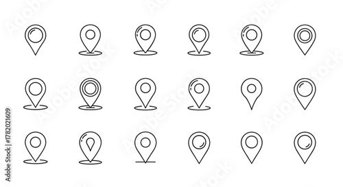 Set of 18 minimalist linear map pin icons with editable stroke, featuring variations like simple pins, pins with circles, and pins with ground circles, perfect for digital design elements in cards