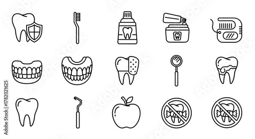 Collection of dental care icons and symbols, including a tooth with a shield, toothbrush, toothpaste, dental floss, dentures, dental mirror, and a tooth with decay, all in a clean outline style on a