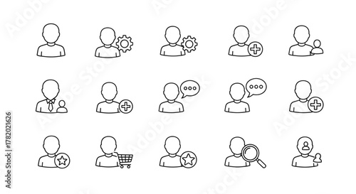 Collection of outline icons representing user profiles and actions, including settings, adding users, communication, shopping cart, favorites, and search, designed for graphic and web design, apps