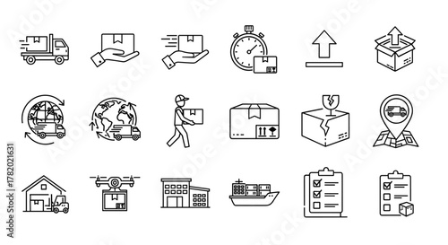 Set of delivery and logistics related line icons, including transport, parcel, cargo, truck, stopwatch, drone, ship, warehouse, and map pin, perfect for graphic and web design, apps, adverts, and