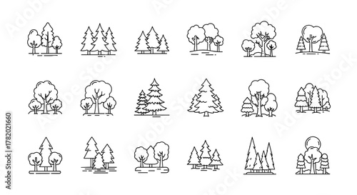 Collection of stylized linear tree icons representing diverse forest scenes, perfect for graphic design, web elements, app interfaces, and advertising materials, presented on a clean white background