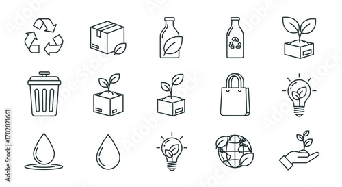 A comprehensive vector illustration featuring a collection of eco-friendly line icons, meticulously designed to showcase recycling symbols, sustainable packaging concepts, and environmental care