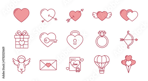 A charming collection of Valentine's Day icons, featuring a variety of heart-shaped symbols, romantic elements like cupid, rings, and gifts, all rendered in a clean, modern line art style with a soft