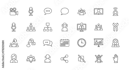 A comprehensive set of thin line icons representing video conferencing, online meetings, and virtual communication, presented on a clean white background for versatile digital use. This collection