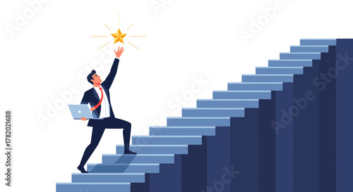 A determined businessman holding a laptop climbs a blue staircase, reaching for a shining golden star above, symbolizing ambition, success, and career growth in a modern flat design vector