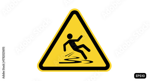 Cautionary yellow triangle warning sign depicting a black silhouette of a person slipping on a wet or slippery surface, isolated on a clean white background. This graphic symbol represents a hazard