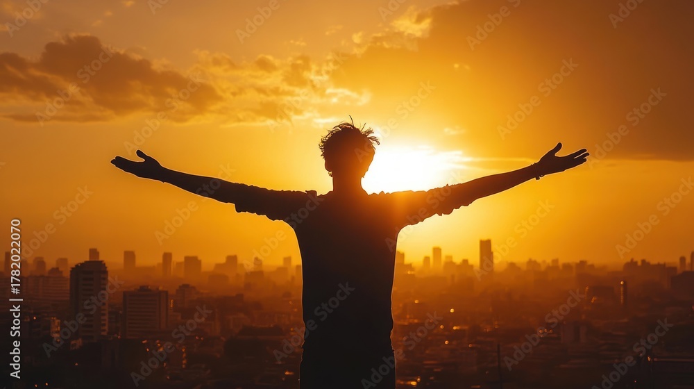 Fototapeta premium Silhouette of a person standing with outstretched arms overlooking a cityscape during a golden sunset, expressing freedom and joy