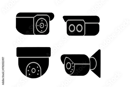 Black and white camera icon set featuring isolated symbols for digital and film photography technology with lens and flash elements