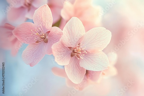 Close-up of delicate light pink cherry blossoms with soft focus background conveying a gentle and serene mood