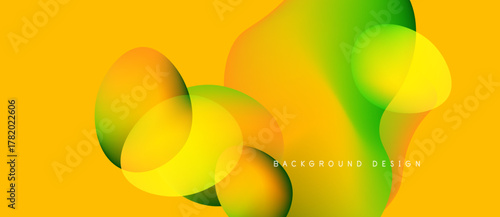 Abstract fluid shapes overlap, creating vibrant gradients. Yellow background enhances colorful design elements. Modern aesthetic.