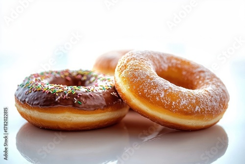 Three assorted donuts including a chocolate frosted with colorful sprinkles and two powdered sugared donuts on a reflective surface