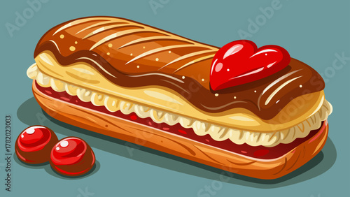 Very beautiful close-up of an éclair topped with creamy filling and a red heart decoration, featuring glossy chocolate, soft pastry texture, warm natural light, and a realistic dessert presentation.