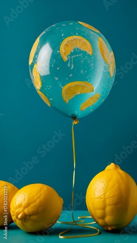 A balloon full of fresh lemonade floating in the air and below on the ground are three bright yellow ripe lemons.