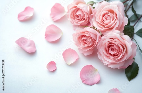 Delicate arrangement of four soft pink roses with scattered rose petals on a clean white surface expressing elegance and tranquility